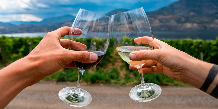 Par som skåler med vin i Okanagan-dalen i Canada