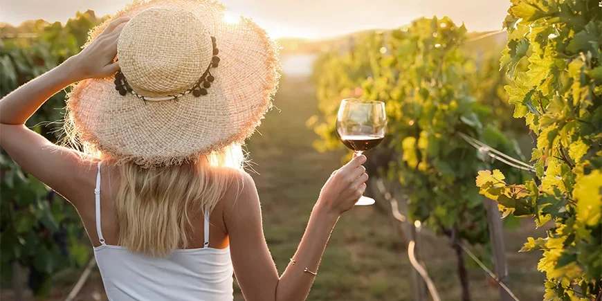 Kvinne med et glass vin i hånden på vingård i Afrika