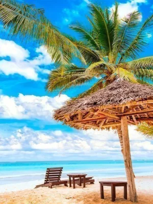 Tropisk strand i Mombasa med palmer og turkisblått hav