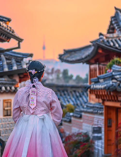 Det tradisjonelle nabolaget Bukchon Hanok Village i Seoul, Sør-Korea