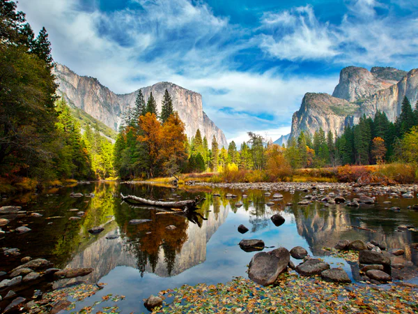 El Capitan og Merced River i Yosemite nasjonalpark dekket av høstfarger