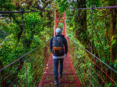 Mann som går alene på en hengebro i Monteverde Cloud Forest i Costa Rica