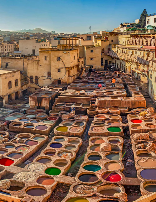Panoramautsikt over garveriet i Fez, Marokko