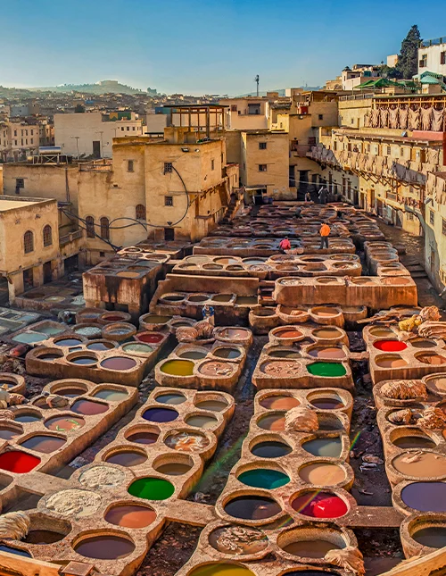 Panoramautsikt over garveriet i Fez, Marokko