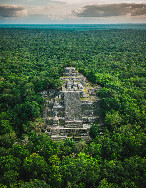 Ruinene av den eldgamle mayabyen Calakmul, omgitt av jungelen