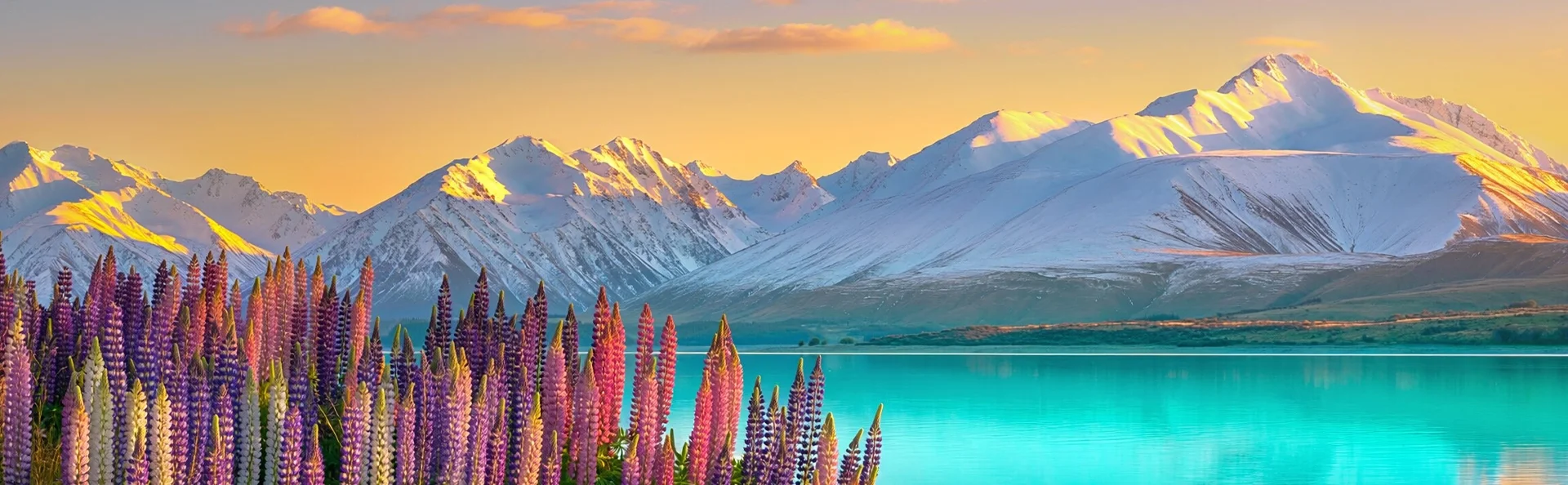 Lake Tekapo på New Zealand med fargerike lupiner, turkisblått vann og snødekte fjell