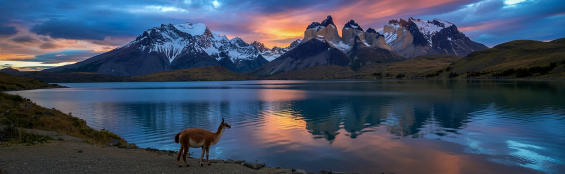 Guanaco i soloppgangens lys i Torres del Paine nasjonalpark, Chile