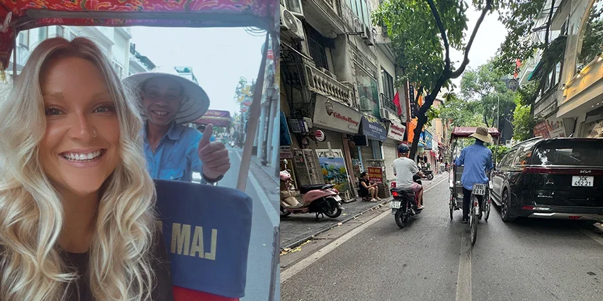 Millie på sykkeltaxi i Hanoi
