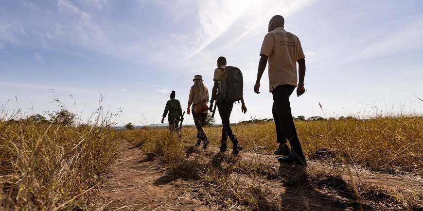 Gruppe mennesker som går på savannen i Tanzania