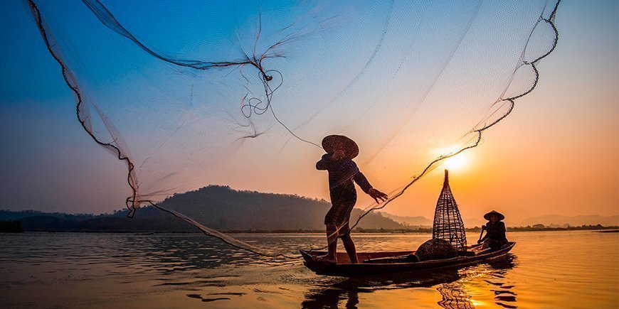 Fisker i Mekong-floden i Vietnam