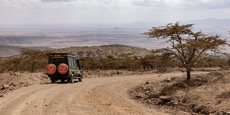 Firehjulsdrevet kjøretøy med TourCompass-logo på safari i Tanzania