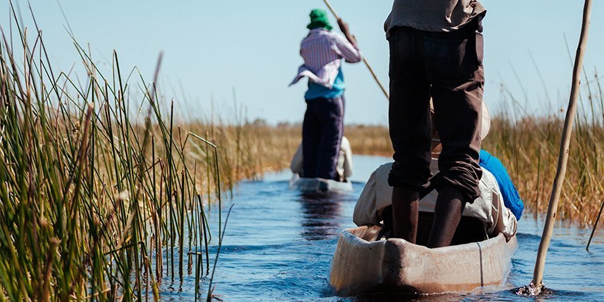 2 mokoroer (tradisjonelle kanoer) på Okavango-deltaet i Botswana deltaet i Botswana