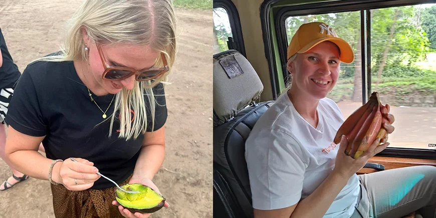 Sandra smaker på lokal frukt og grønt i Tanzania