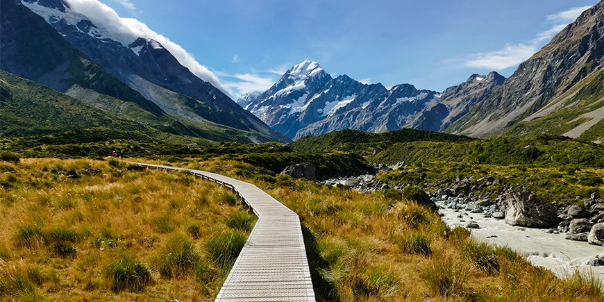 Hooker Valley Trail i Aoraki/Mount Cook nasjonalpark i New Zealand.